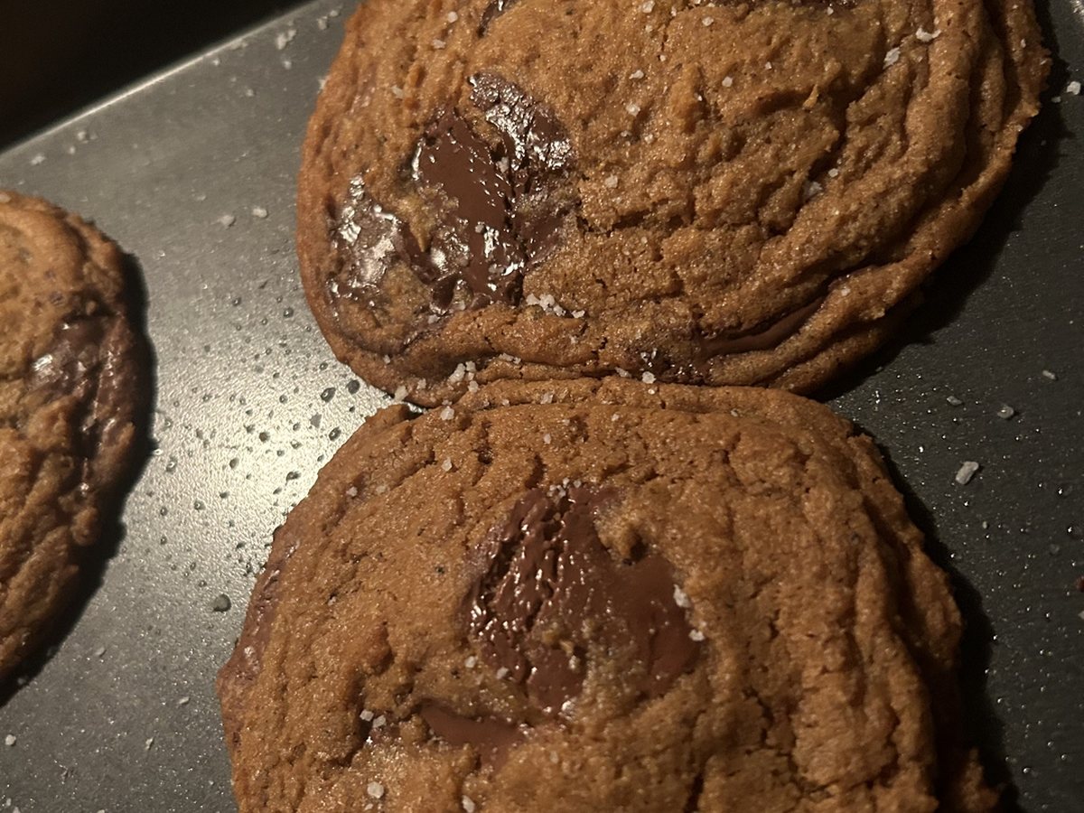 Brown butter chocolate chip cookies with melted Ghirardelli chocolate and flaked sea salt